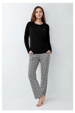 Pierre Cardin 9069B Kadın Siyah Uzun Kollu Yarım Pat Pijama Takımı