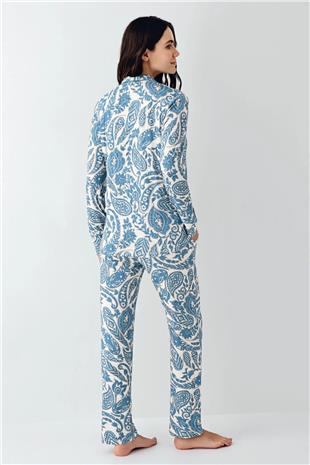 Pierre Cardin 9076 Kadın Krem Uzun Kollu Önden Düğmeli Gömlek Pijama Takımı