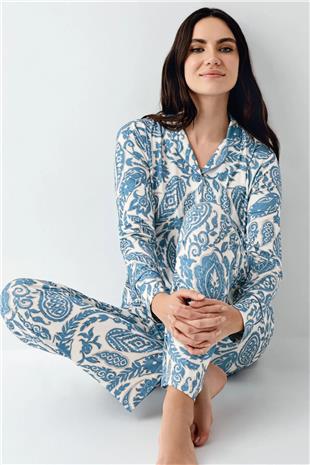 Pierre Cardin 9076 Kadın Krem Uzun Kollu Önden Düğmeli Gömlek Pijama Takımı