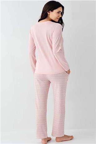 Pierre Cardin 9080 Kadın Pembe Uzun Kollu Yarım Pat Pijama Takımı