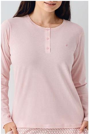 Pierre Cardin 9080 Kadın Pembe Uzun Kollu Yarım Pat Pijama Takımı