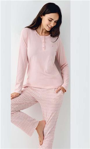 Pierre Cardin 9080B Kadın Pembe Uzun Kollu Yarım Pat Battal Pijama Takımı