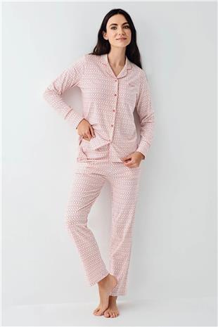 Pierre Cardin 9081 Kadın Pembe Uzun Kollu Önden Düğmeli Gömlek Pijama Takımı