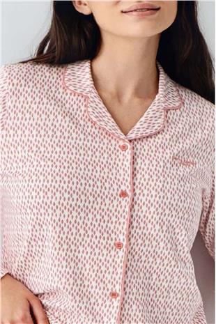 Pierre Cardin 9081 Kadın Pembe Uzun Kollu Önden Düğmeli Gömlek Pijama Takımı