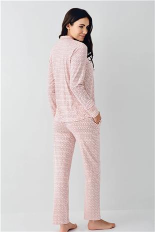 Pierre Cardin 9081 Kadın Pembe Uzun Kollu Önden Düğmeli Gömlek Pijama Takımı