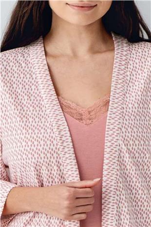 Pierre Cardin 9082 Kadın Pembe Sabahlıklı İp Askılı Dantel Detaylı 3Lü Pijama Takımı