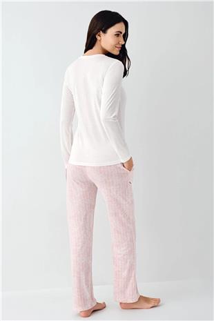 Pierre Cardin 9085 Kadın Beyaz Uzun Kollu Yuvarlak Yaka Pijama Takımı