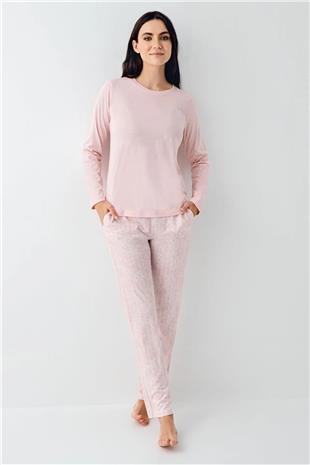 Pierre Cardin 9085 Kadın Pembe Uzun Kollu Yuvarlak Yaka Pijama Takımı