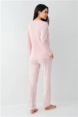 Pierre Cardin 9085 Kadın Pembe Uzun Kollu Yuvarlak Yaka Pijama Takımı