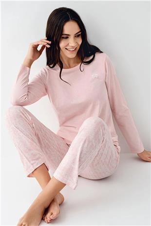 Pierre Cardin 9085 Kadın Pembe Uzun Kollu Yuvarlak Yaka Pijama Takımı
