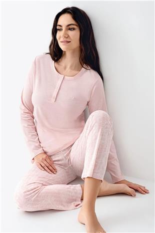 Pierre Cardin 9086 Kadın Pembe Uzun Kollu Yarım Pat Pijama Takımı