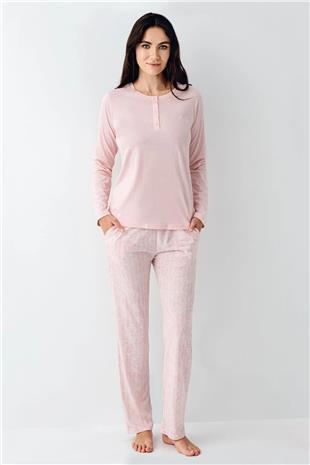 Pierre Cardin 9086B Kadın Pembe Uzun Kollu Yarım Pat Battal Pijama Takımı