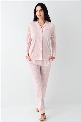 Pierre Cardin 9087 Kadın Krem Uzun Kollu Önden Düğmeli Gömlek Pijama Takımı