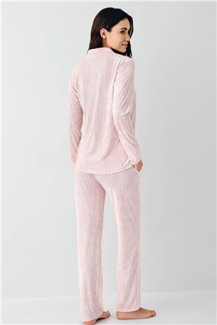 Pierre Cardin 9087 Kadın Krem Uzun Kollu Önden Düğmeli Gömlek Pijama Takımı