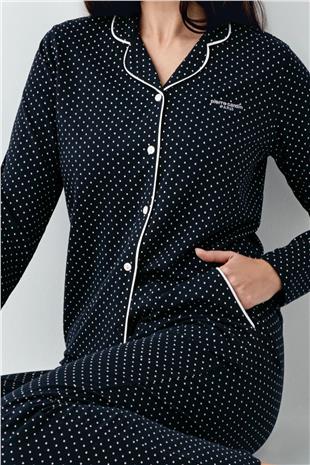 Pierre Cardin 9092 Kadın Siyah Uzun Kollu Önden Düğmeli Gömlek Pijama Takımı