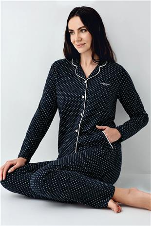 Pierre Cardin 9092 Kadın Siyah Uzun Kollu Önden Düğmeli Gömlek Pijama Takımı