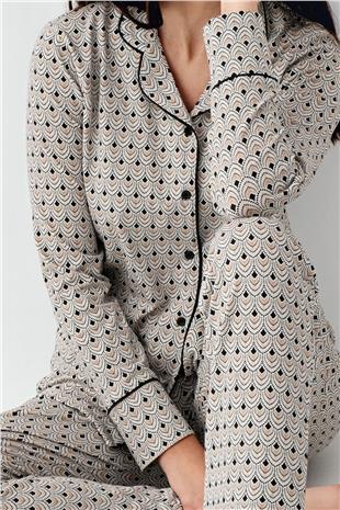 Pierre Cardin 9103 Kadın Siyah Uzun Kollu Önden Düğmeli Gömlek Pijama Takımı