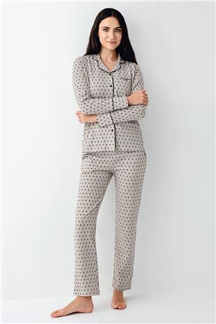 Pierre Cardin 9103 Kadın Siyah Uzun Kollu Önden Düğmeli Gömlek Pijama Takımı