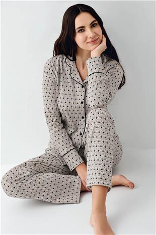 Pierre Cardin 9103 Kadın Siyah Uzun Kollu Önden Düğmeli Gömlek Pijama Takımı