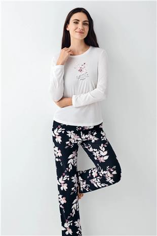 Pierre Cardin 9106 Kadın Beyaz Uzun Kollu Yuvarlak Yaka Pijama Takımı