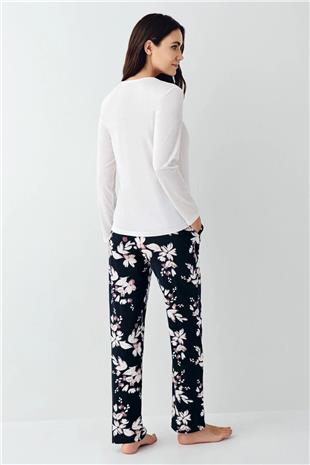 Pierre Cardin 9106 Kadın Beyaz Uzun Kollu Yuvarlak Yaka Pijama Takımı