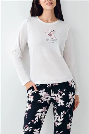 Pierre Cardin 9106 Kadın Beyaz Uzun Kollu Yuvarlak Yaka Pijama Takımı