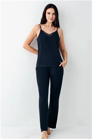 Pierre Cardin 9108 Kadın Siyah Sabahlıklı İp Askılı Dantel Detaylı 3Lü Pijama Takımı