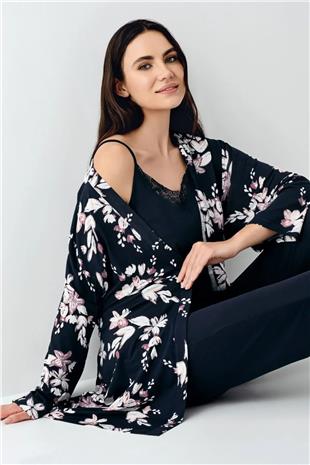 Pierre Cardin 9108 Kadın Siyah Sabahlıklı İp Askılı Dantel Detaylı 3Lü Pijama Takımı