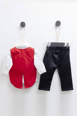 Pugi Baby 2034 Erkek Bebek Klasik Yaka Yelekli Kırmızı Mevlüt Takımı