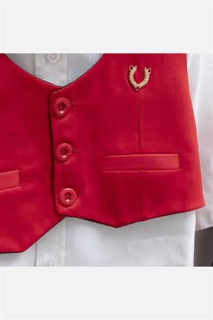 Pugi Baby 2034 Erkek Bebek Klasik Yaka Yelekli Kırmızı Mevlüt Takımı