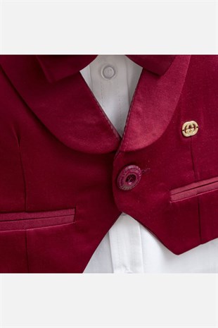 Pugi Baby 2042 Erkek Bebek Şal Yaka Tek Düğme Yelekli Bordo Mevlüt Takımı