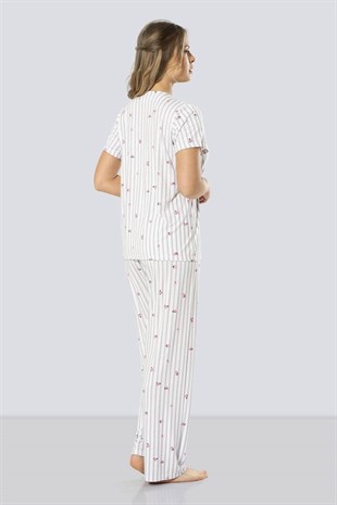 Türen Kadın Gri Çizgili Önden Düğmeli Pijama Takımı 3300
