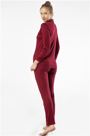 Türen 3365 Bordo Kadın Düz Uzun Kollu Gömlek Yaka Pijama Takım