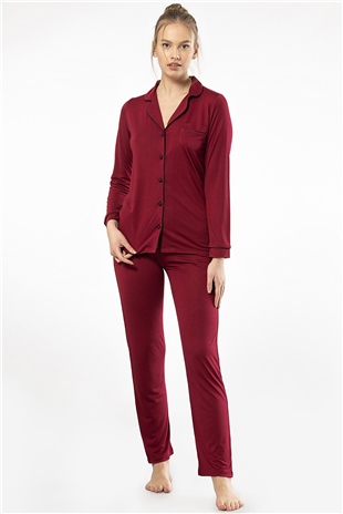 Türen 3365 Bordo Kadın Düz Uzun Kollu Gömlek Yaka Pijama Takım