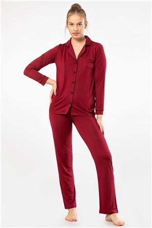 Türen 3365 Bordo Kadın Düz Uzun Kollu Gömlek Yaka Pijama Takım