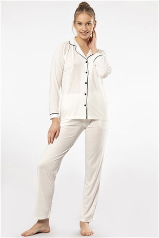 Türen 3365 Ekru Kadın Düz Uzun Kollu Gömlek Yaka Pijama Takım