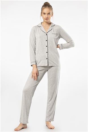 Türen 3365 Gri Kadın Düz Uzun Kollu Gömlek Yaka Pijama Takım