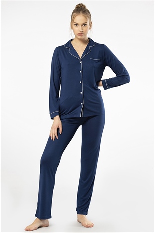 Türen 3365 Lacivert Kadın Düz Uzun Kollu Gömlek Yaka Pijama Takım
