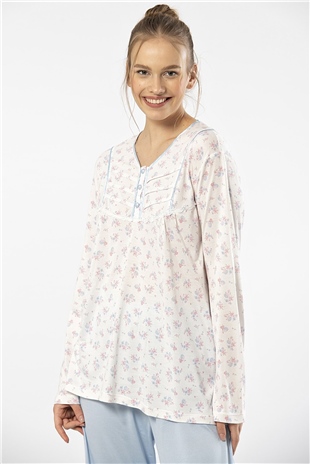 Türen 3366 Mavi Kadın Empirme Patlı Battal Uzun Kollu Pijama Takım