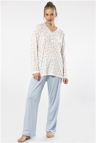 Türen 3366 Mavi Kadın Empirme Patlı Battal Uzun Kollu Pijama Takım