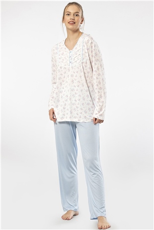Türen 3366 Mavi Kadın Empirme Patlı Battal Uzun Kollu Pijama Takım