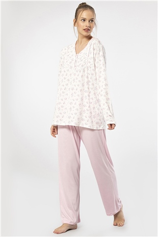Türen 3366 Pembe Kadın Empirme Patlı Battal Uzun Kollu Pijama Takım