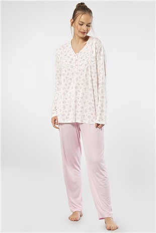 Türen 3366 Pembe Kadın Empirme Patlı Battal Uzun Kollu Pijama Takım
