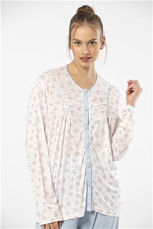 Türen 3367 Mavi Kadın Empirme Patlı Battal Uzun Kollu Pijama Takım