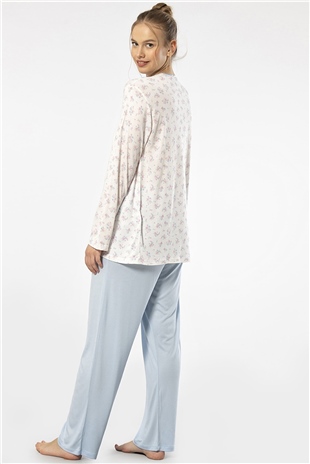 Türen 3367 Mavi Kadın Empirme Patlı Battal Uzun Kollu Pijama Takım