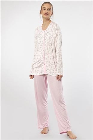 Türen 3367 Pembe Kadın Empirme Patlı Battal Uzun Kollu Pijama Takım
