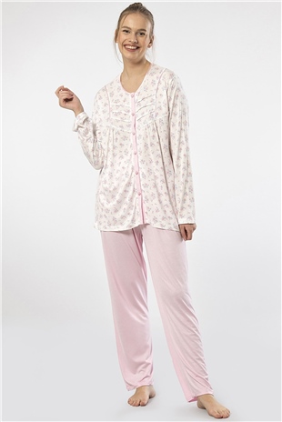 Türen 3367 Pembe Kadın Empirme Patlı Battal Uzun Kollu Pijama Takım