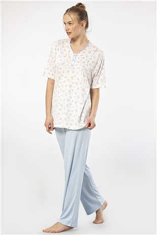 Türen 3369 Mavi Kadın Empirme Patlı Battal Kısa Kollu Pijama Takım
