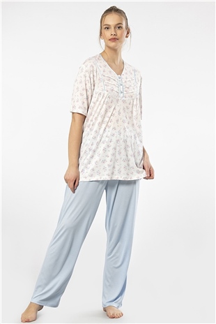 Türen 3369 Mavi Kadın Empirme Patlı Battal Kısa Kollu Pijama Takım