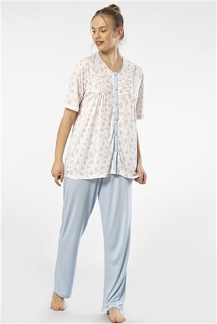 Türen 3370 Mavi Kadın Empirme Düğmeli Battal Kısa Kollu Pijama Takım